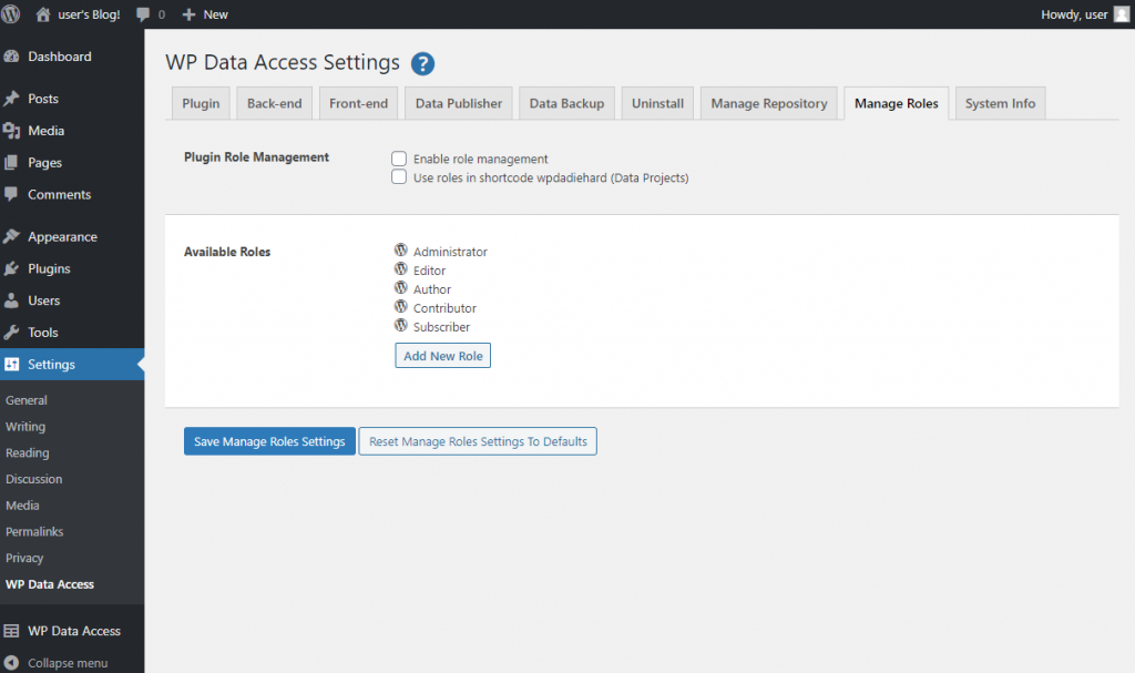 WP Data Access – Manage Roles (click to enlarge) | WP Data Access