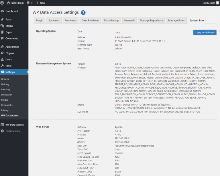 WP Data Access – System Info (click to enlarge) | WP Data Access