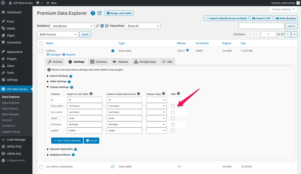 WP Data Access – Data Explorer Column Setting – Inline Editing (click ...
