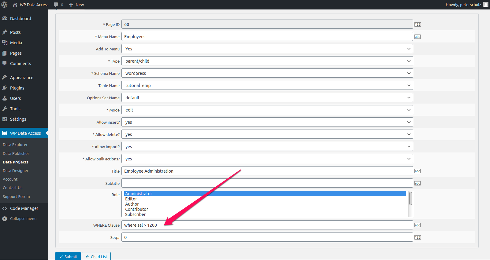 WP Data Access - Data Projects - Default where