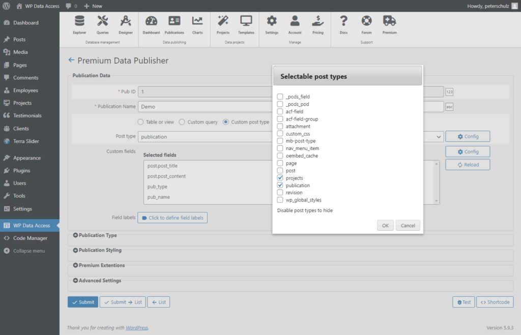 WP Data Access – Data Tables Selectable post types (click to enlarge ...