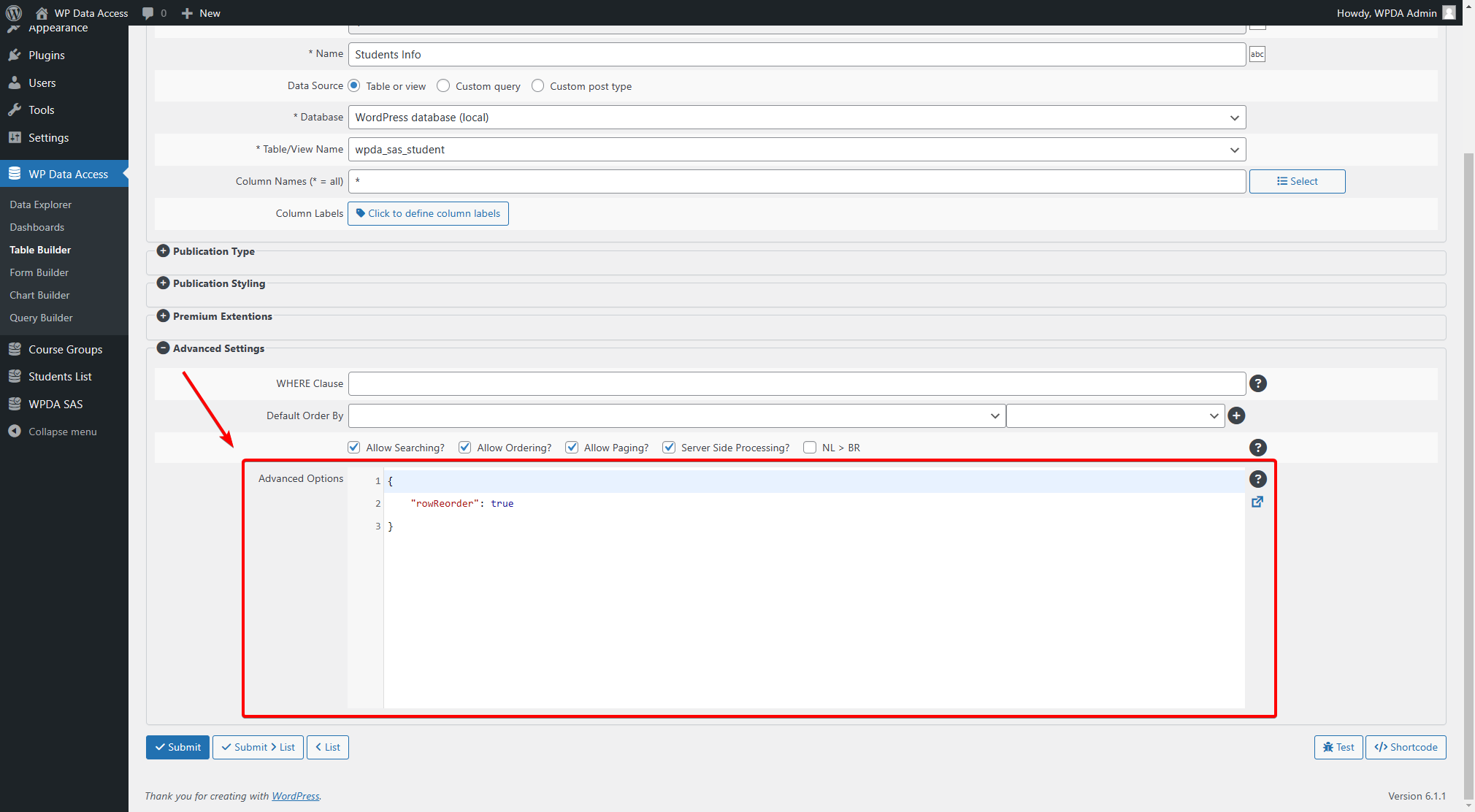 WP Data Access – Data Tables – Advanced Settings