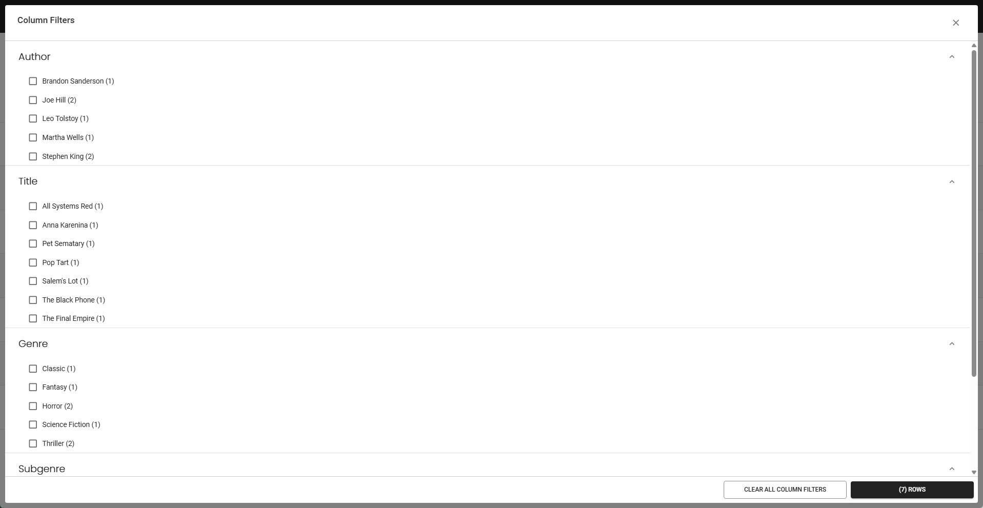 Table Builder - Column filters in popup window